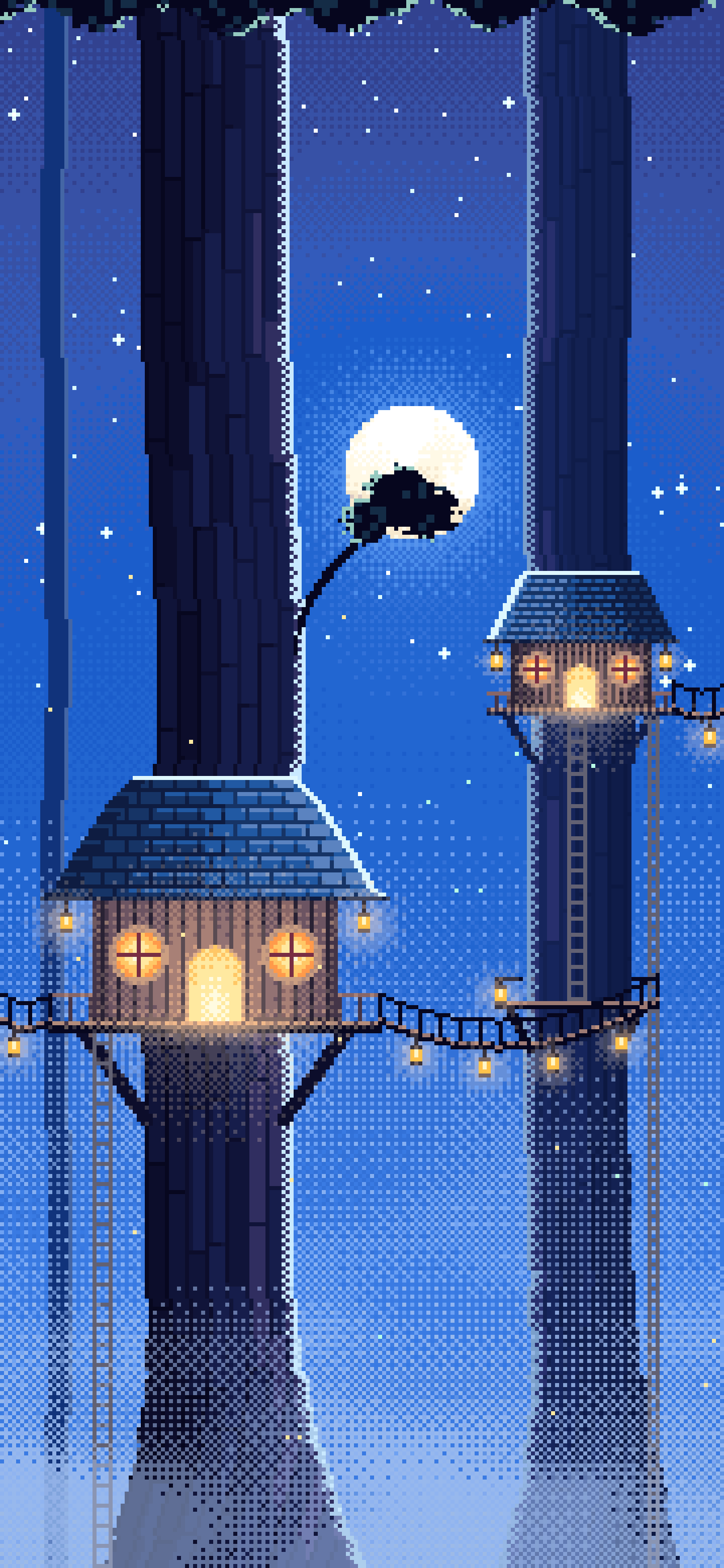 Blue Pixel Art Treehouse in a Fantasy Forest wallpaper for iPhone and Android