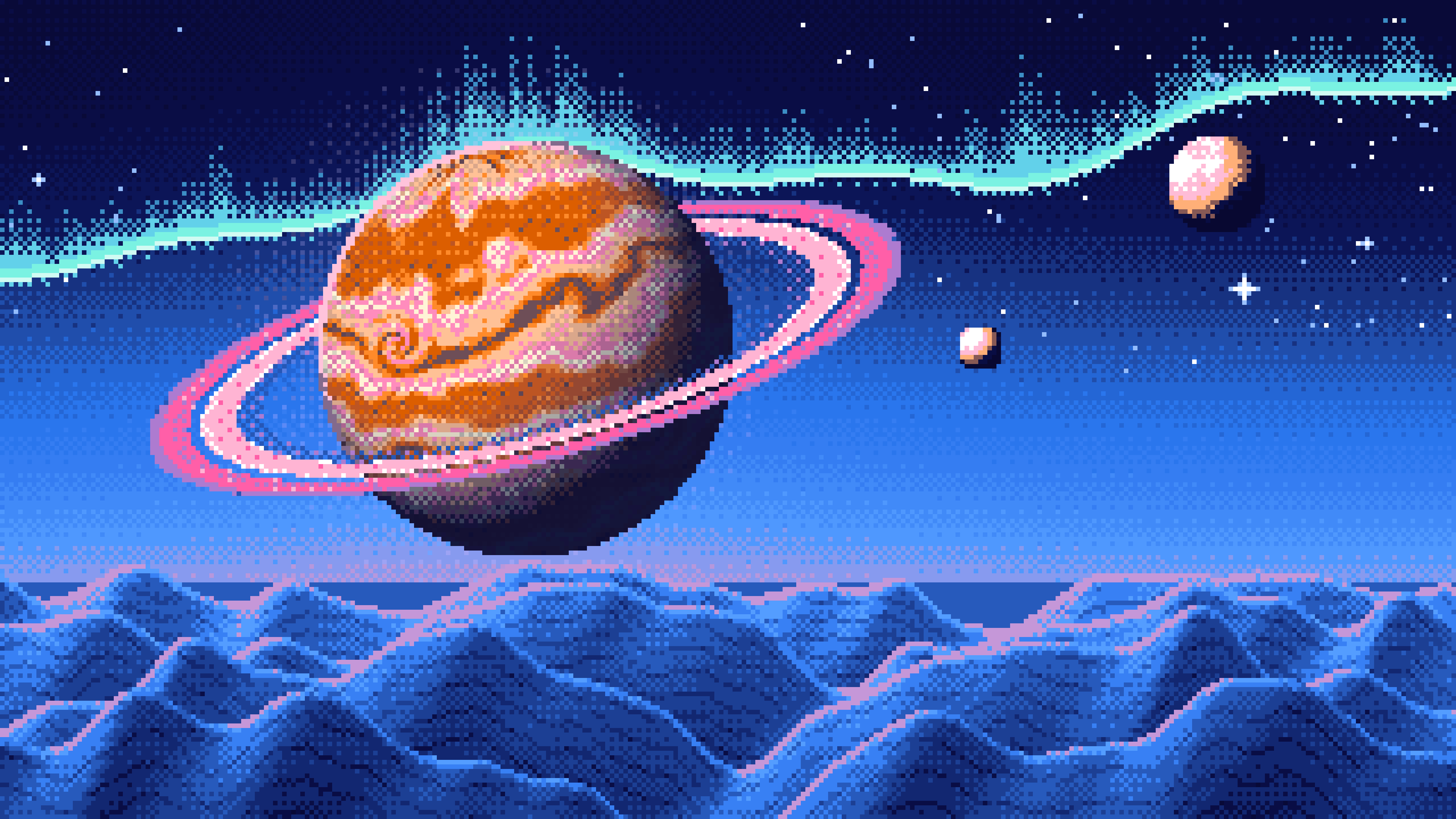 Blue Pixel Art Trippy Planet desktop wallpaper in 4K