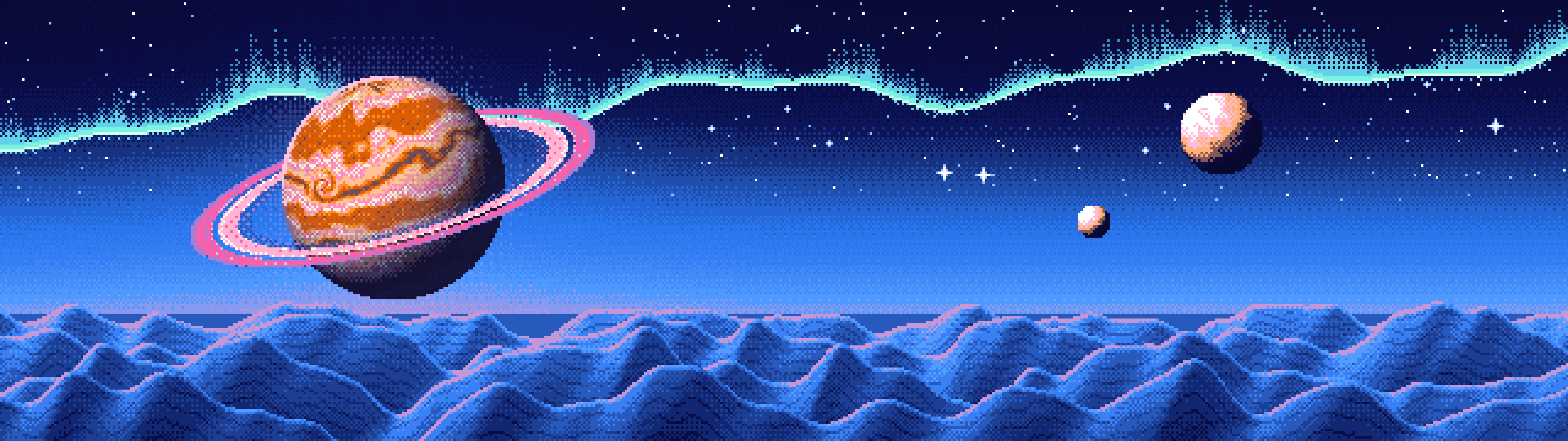 Blue Pixel Art Trippy Planet dual monitor wallpaper, 7680 × 2160