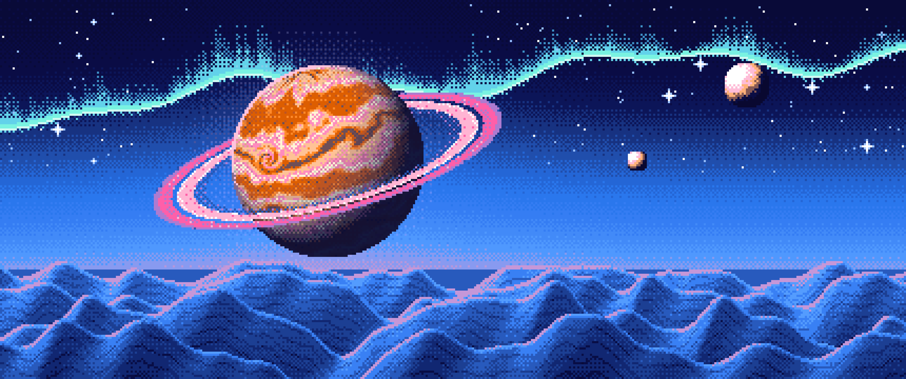 Blue Pixel Art Trippy Planet ultrawide wallpaper, 3440 × 1440