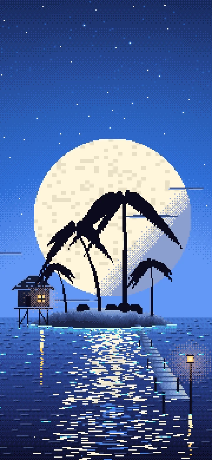 Blue Pixel Art Tropical Island at Night wallpaper for iPhone and Android