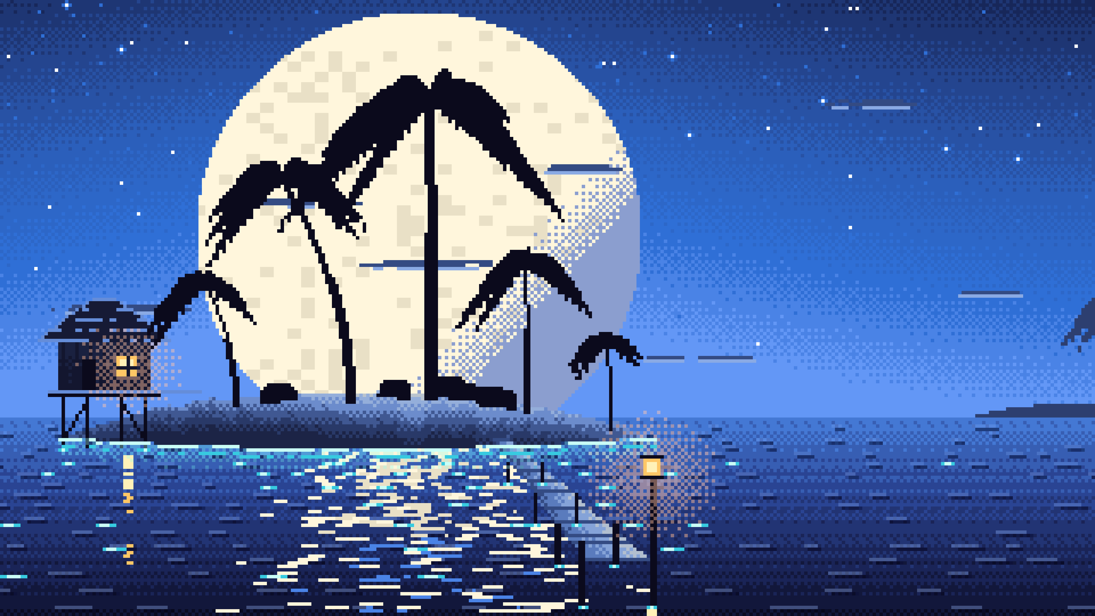 Blue Pixel Art Tropical Island at Night desktop wallpaper in 4K