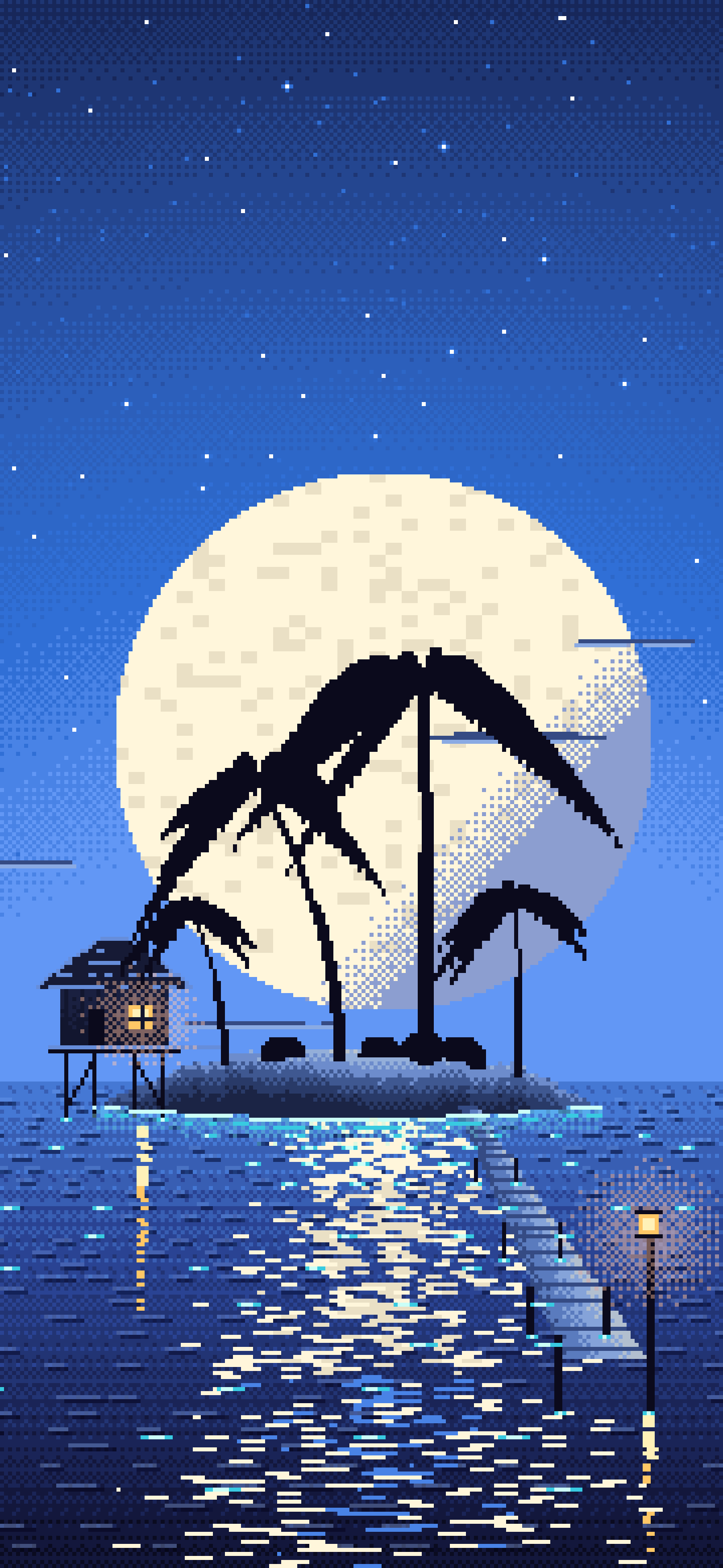 Blue Pixel Art Tropical Island at Night wallpaper for iPhone and Android