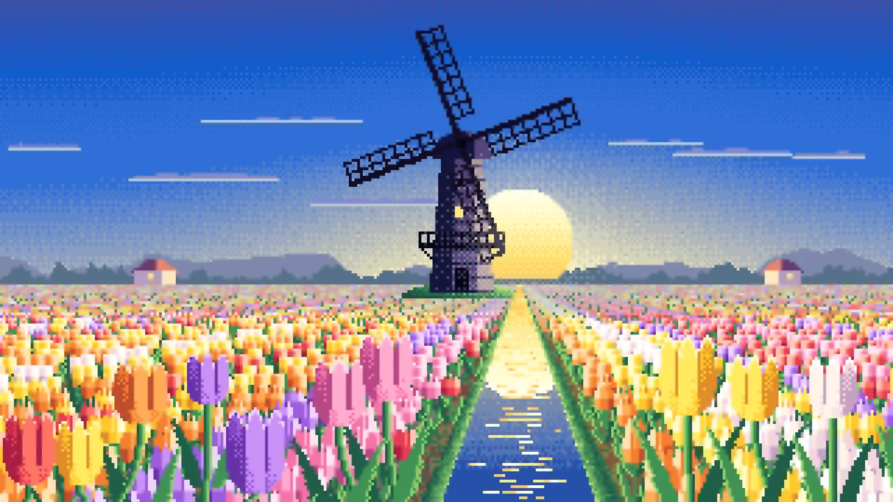 Blue Pixel Art Tulip Fields and Windmill at Sunrise desktop wallpaper in 4K