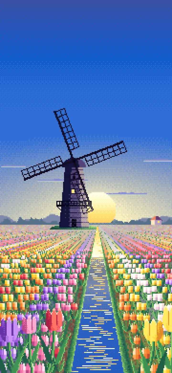 Blue Pixel Art Tulip Fields and Windmill at Sunrise wallpaper for iPhone and Android