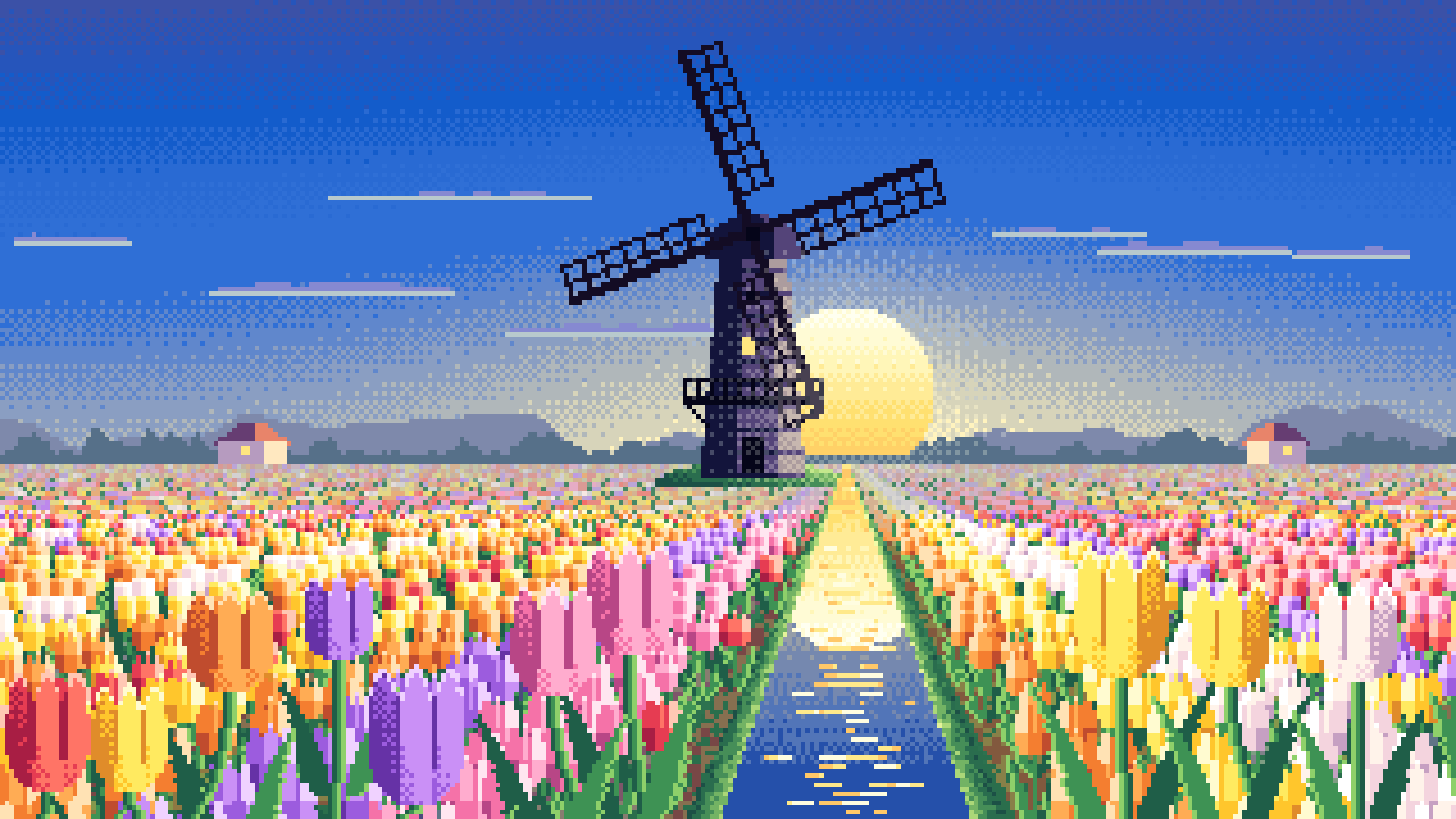 Blue Pixel Art Tulip Fields and Windmill at Sunrise desktop wallpaper in 4K