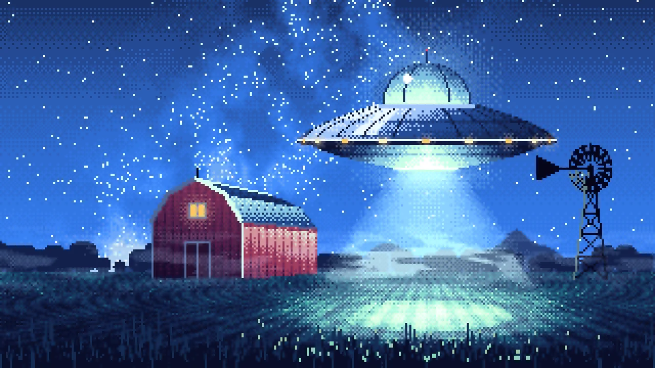 Blue Pixel Art UFO over a Farm at Night desktop wallpaper in 4K