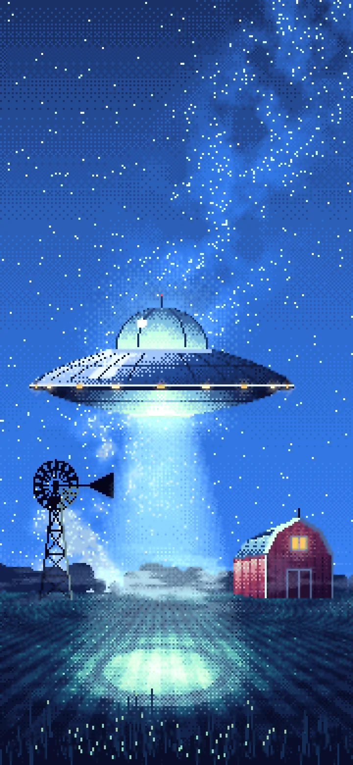 Blue Pixel Art UFO over a Farm at Night wallpaper for iPhone and Android