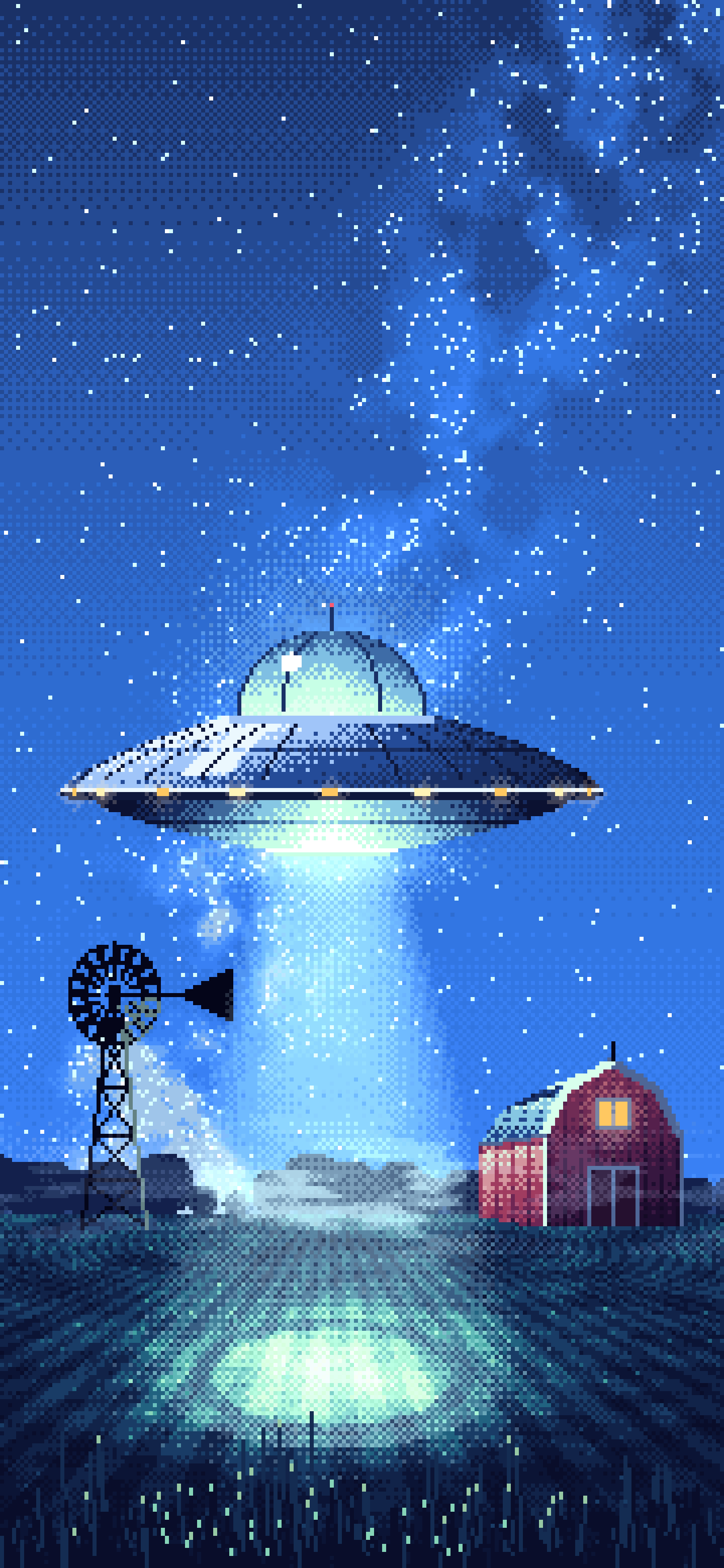 Blue Pixel Art UFO over a Farm at Night wallpaper for iPhone and Android