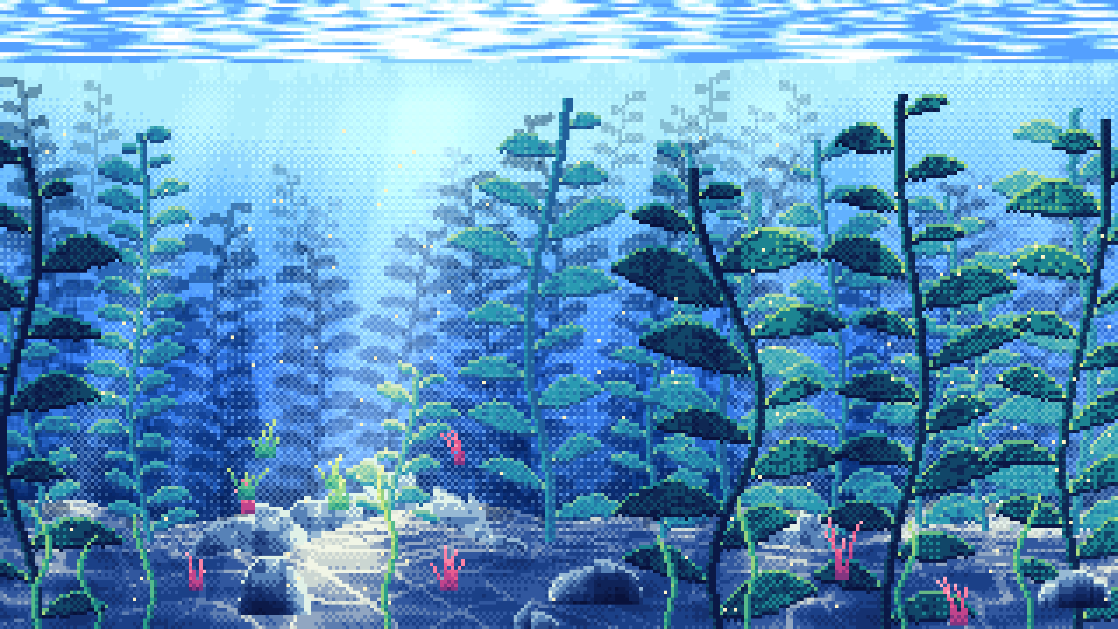 Blue Pixel Art Underwater Kelp Forest desktop wallpaper in 4K