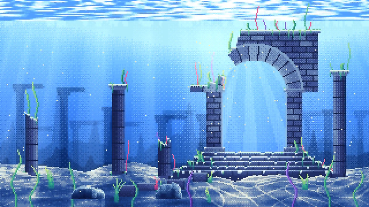 Blue Pixel Art Underwater Ruins desktop wallpaper in 4K