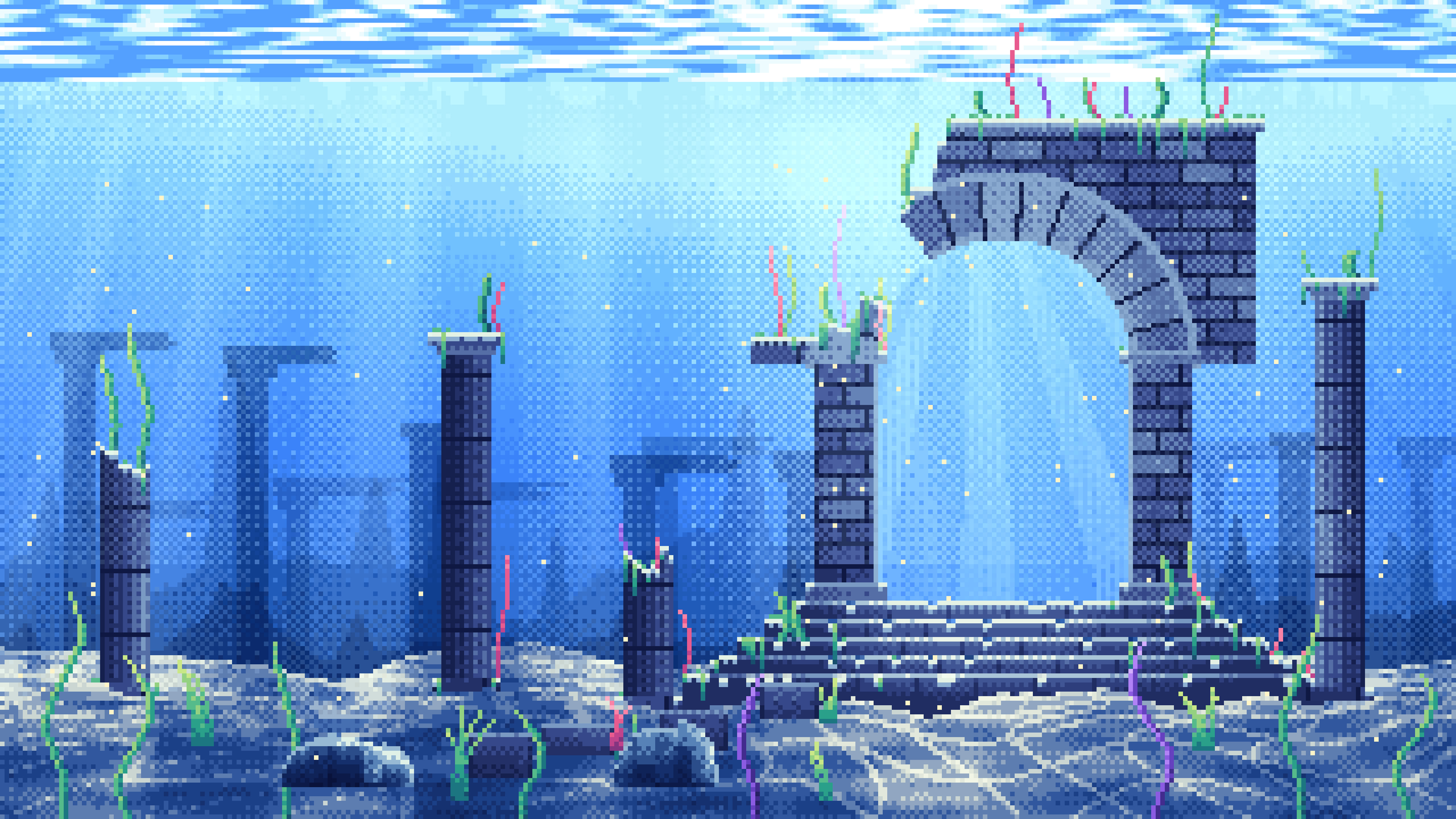 Blue Pixel Art Underwater Ruins desktop wallpaper in 4K