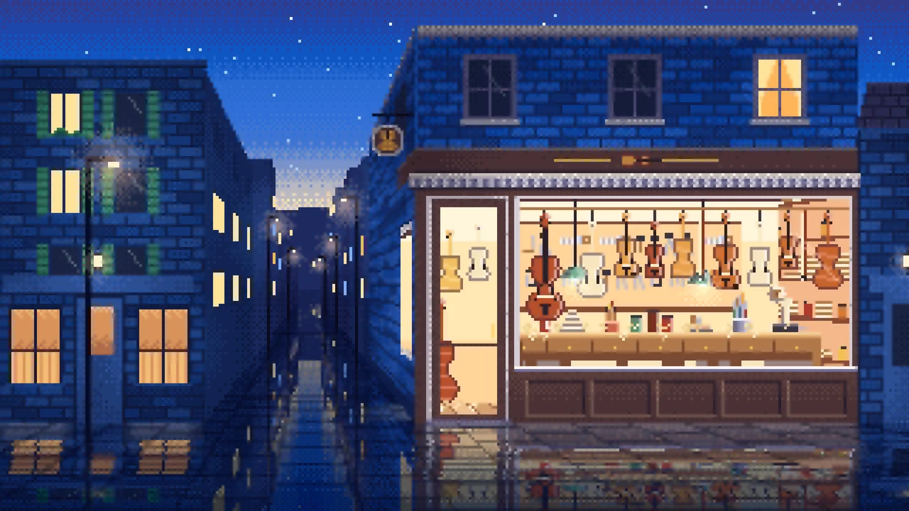 Blue Pixel Art Violin Workshop desktop wallpaper in 4K