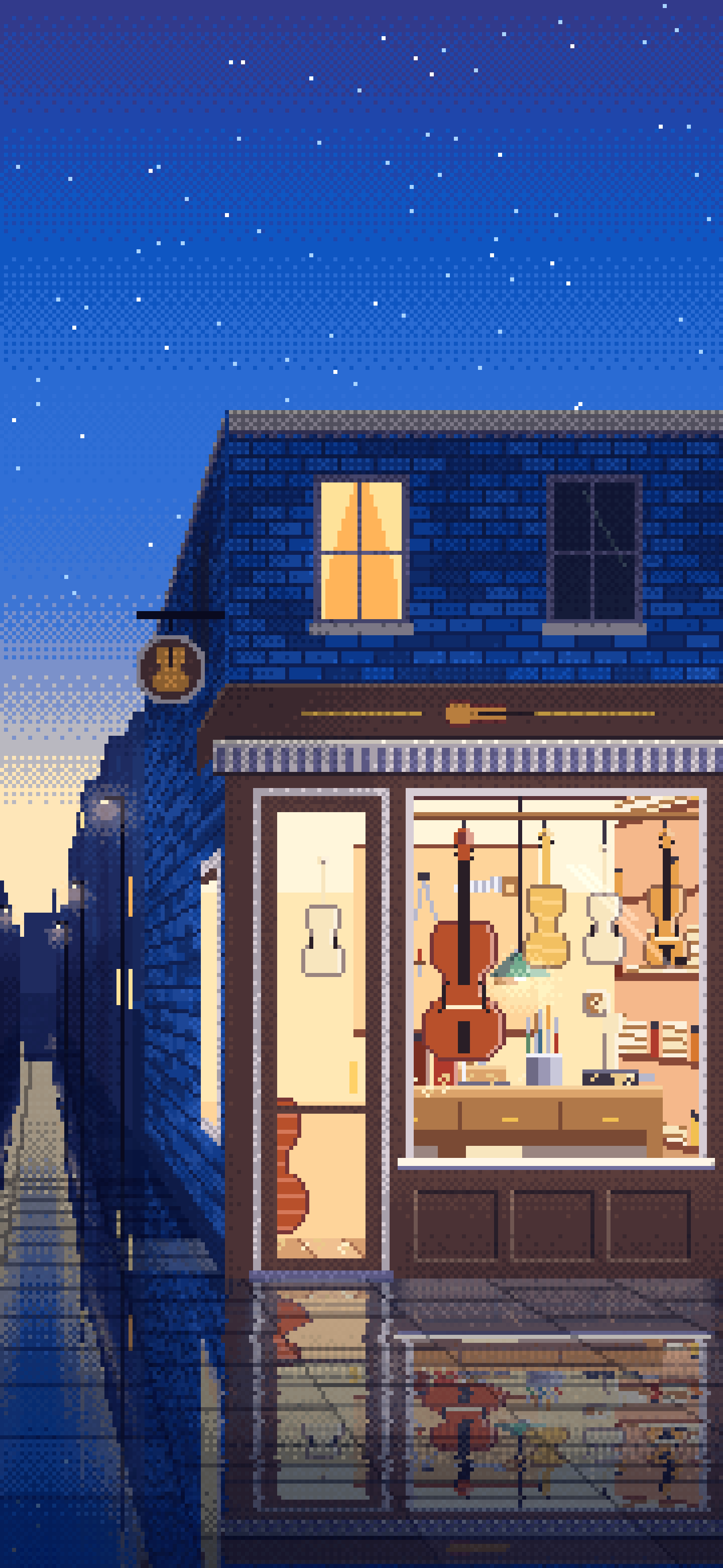 Blue Pixel Art Violin Workshop wallpaper for iPhone and Android