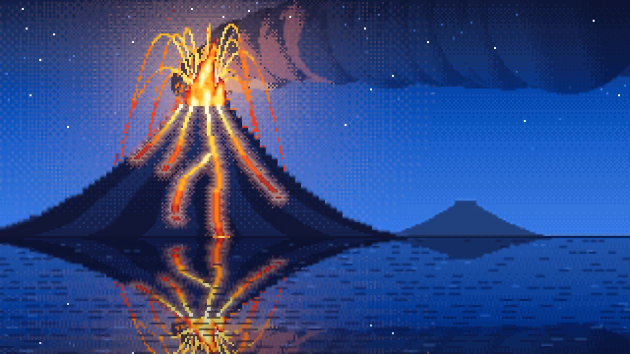 Blue Pixel Art Volcano Erupting at Night desktop wallpaper in 4K