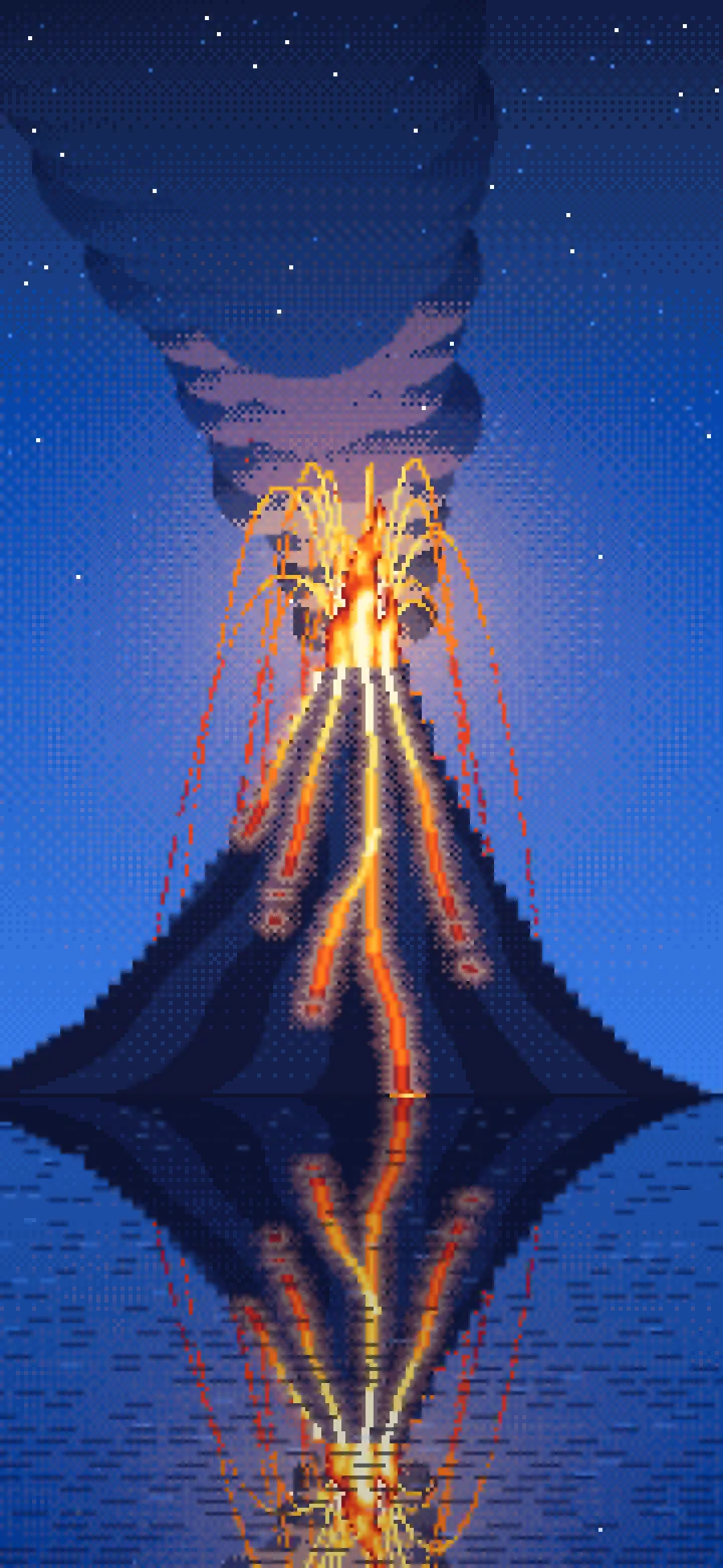 Blue Pixel Art Volcano Erupting at Night wallpaper for iPhone and Android