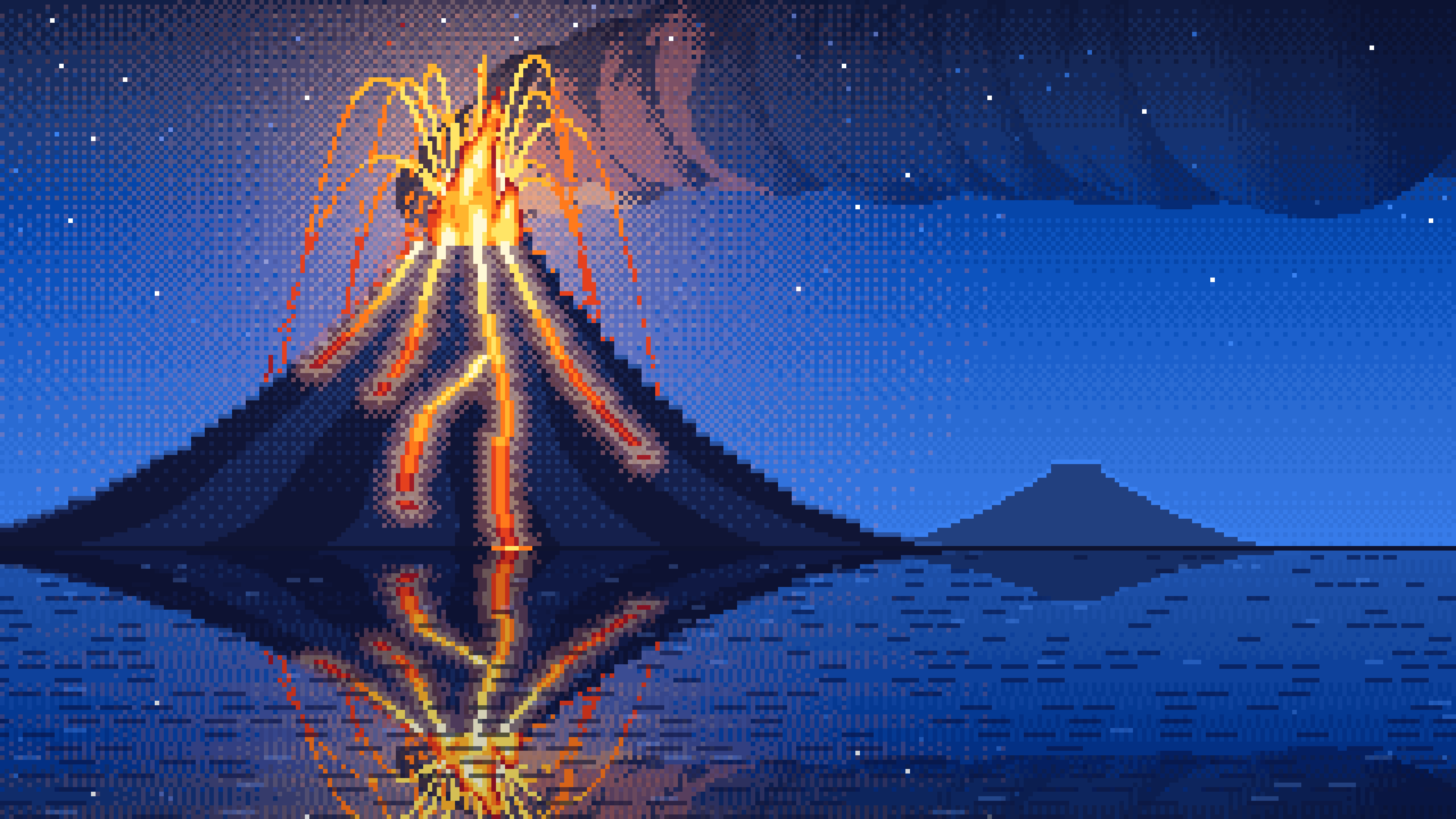Blue Pixel Art Volcano Erupting at Night desktop wallpaper in 4K