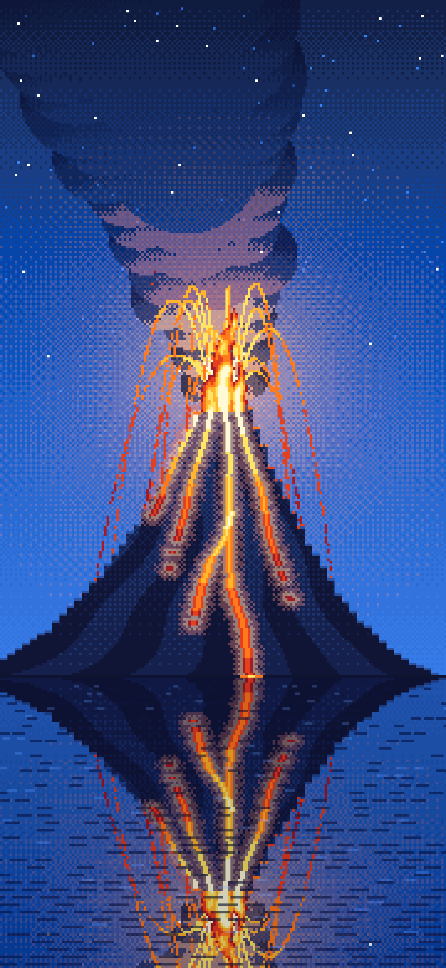 Blue Pixel Art Volcano Erupting at Night wallpaper for iPhone and Android