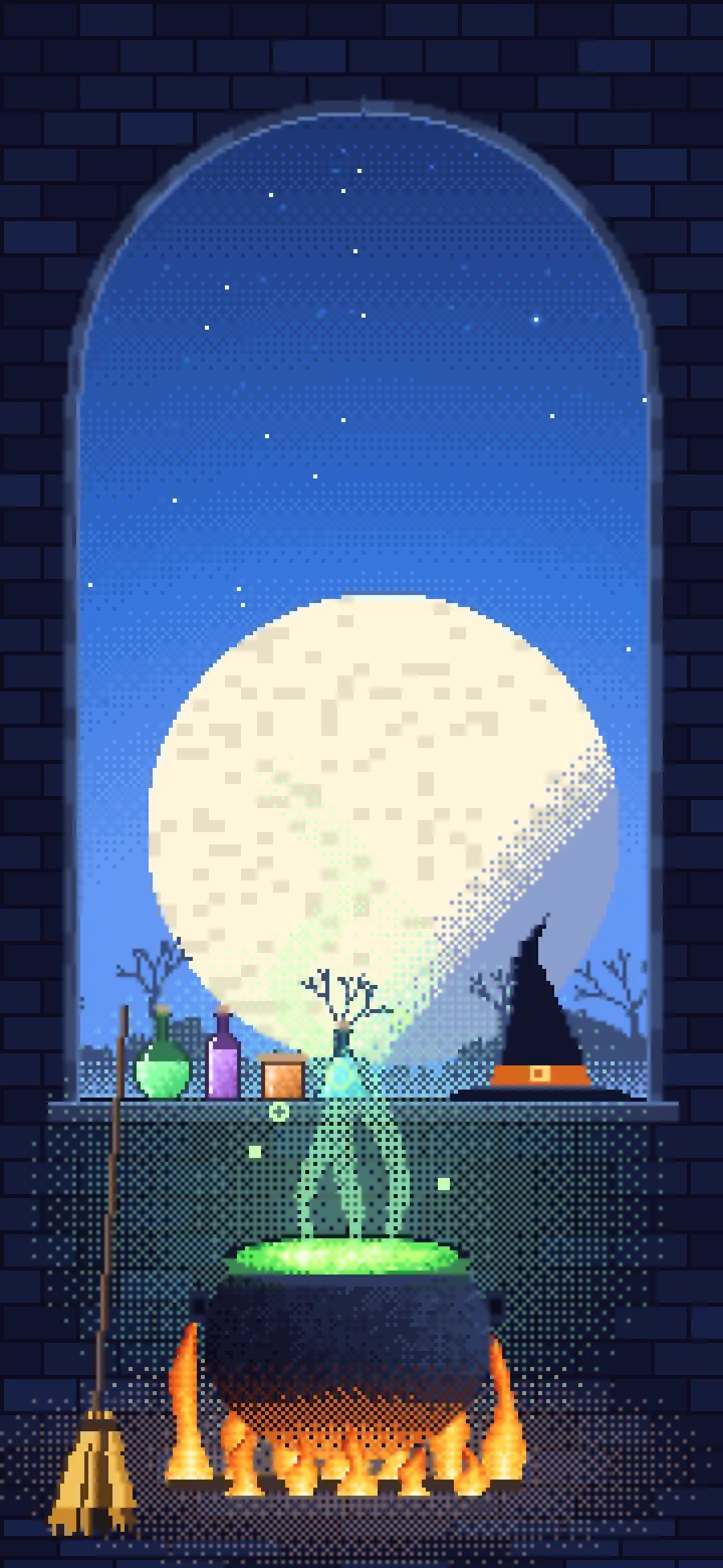 Blue Pixel Art Witch Cauldron Kitchen wallpaper for iPhone and Android