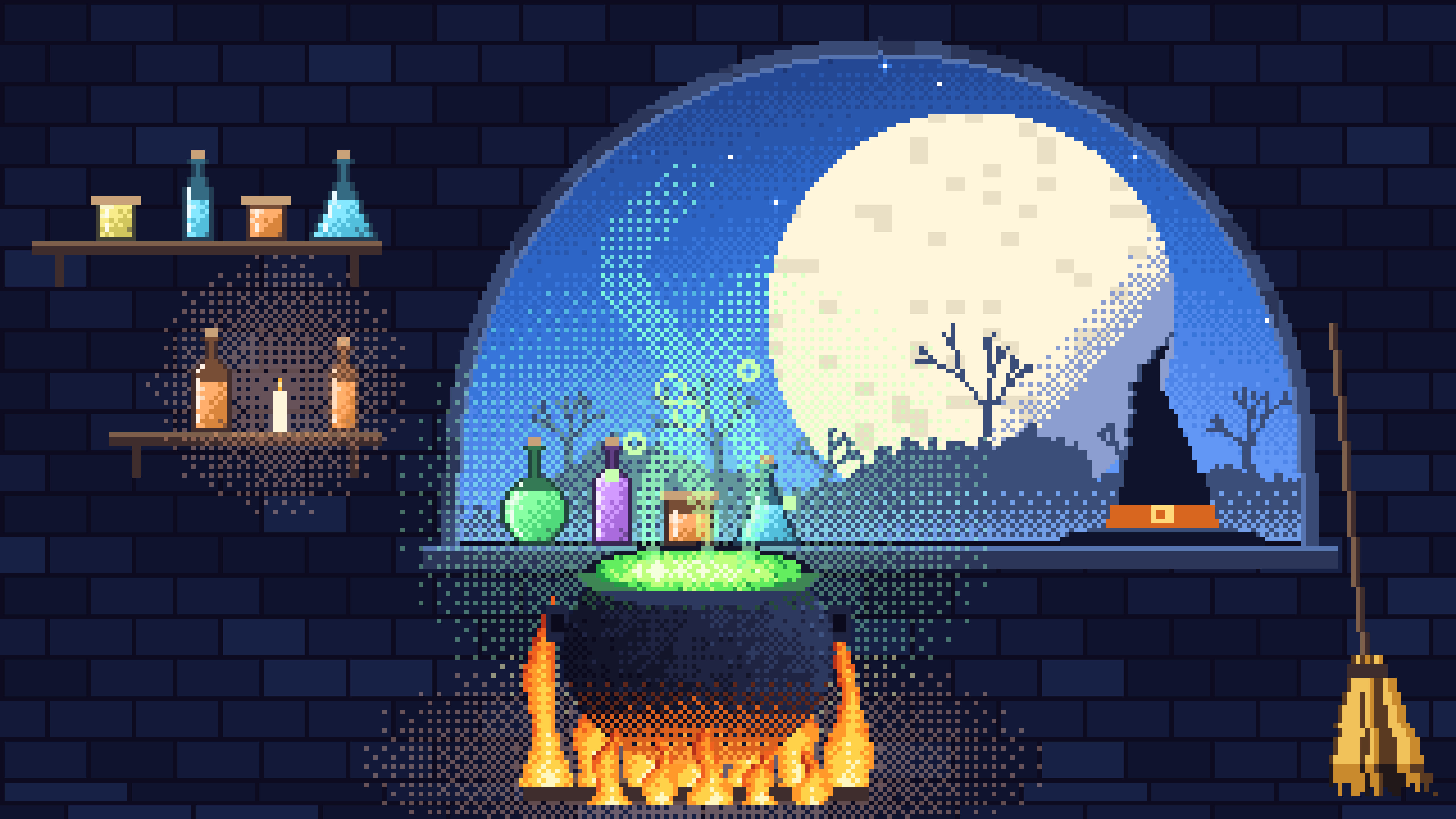 Blue Pixel Art Witch Cauldron Kitchen desktop wallpaper in 4K