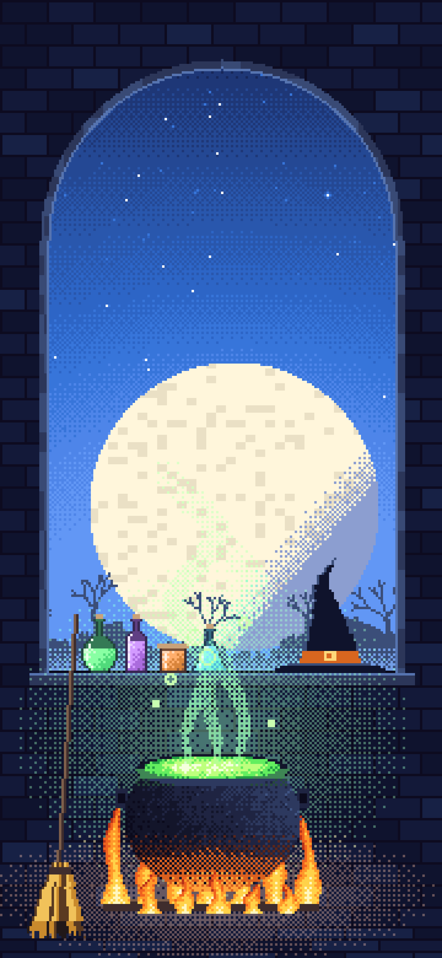 Blue Pixel Art Witch Cauldron Kitchen wallpaper for iPhone and Android