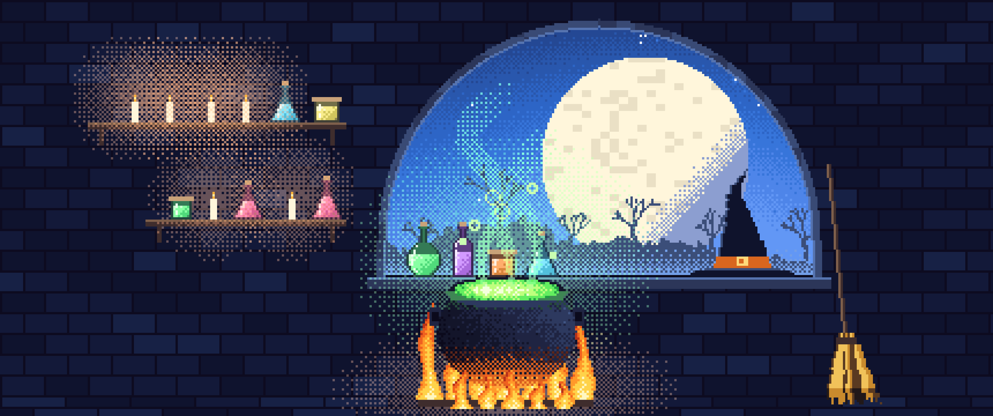 Blue Pixel Art Witch Cauldron Kitchen ultrawide wallpaper, 3440 × 1440