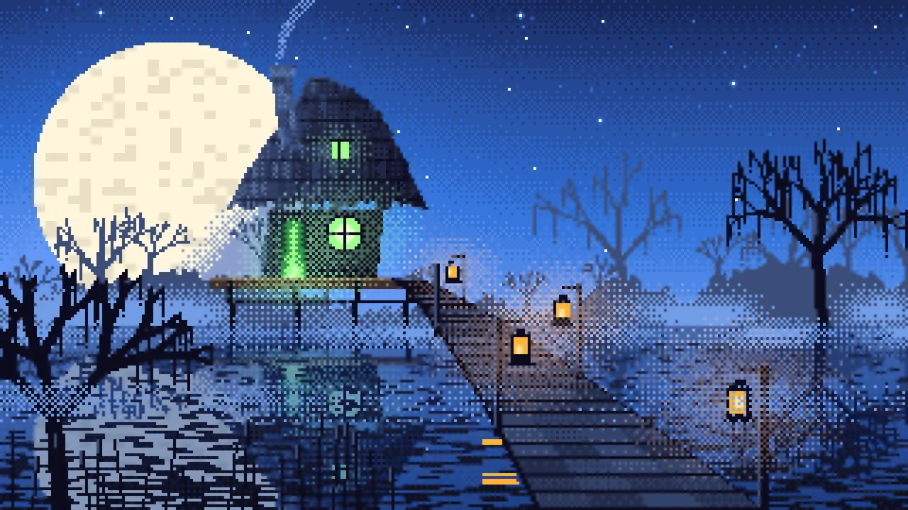 Blue Pixel Art Witch Cottage in a Swamp desktop wallpaper in 4K