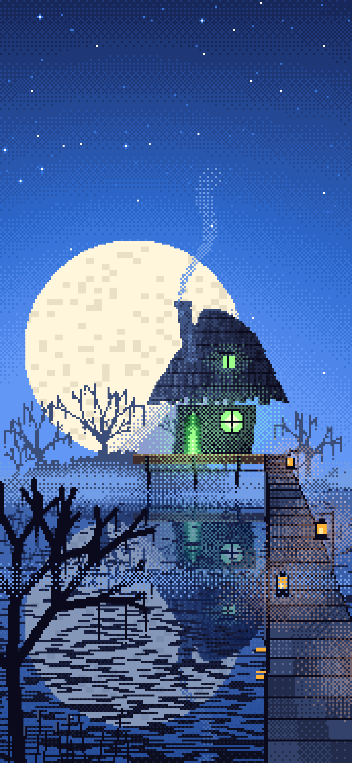 Blue Pixel Art Witch Cottage in a Swamp wallpaper for iPhone and Android