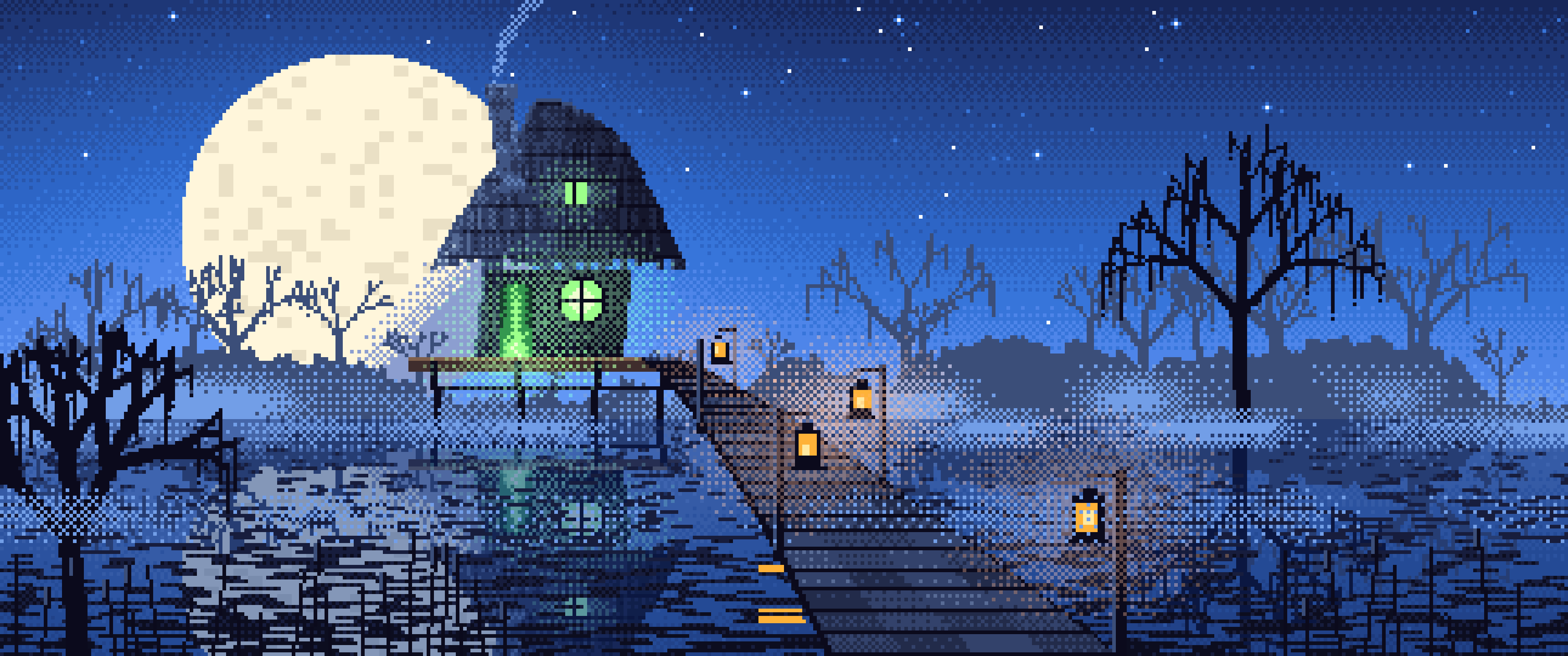 Blue Pixel Art Witch Cottage in a Swamp ultrawide wallpaper, 3440 × 1440