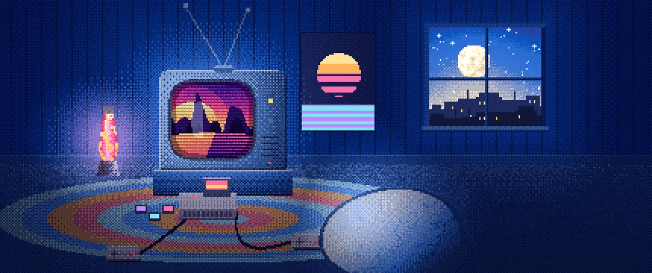 Blue Retro Pixel Art Gaming Room ultrawide wallpaper, 3440 × 1440