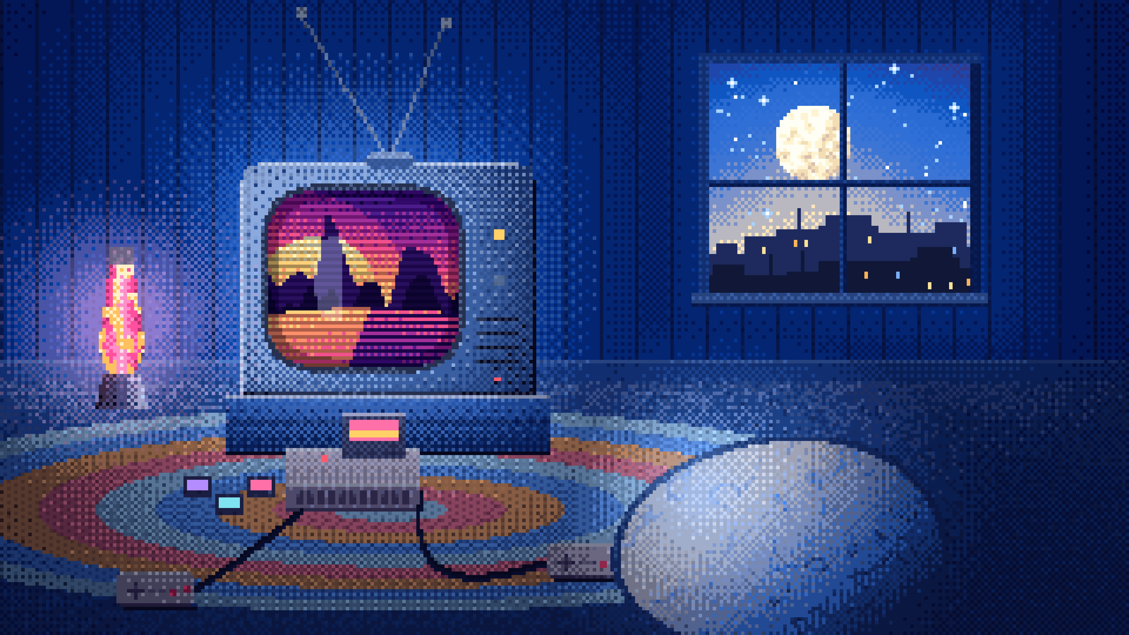 Blue Retro Pixel Art Gaming Room desktop wallpaper in 4K