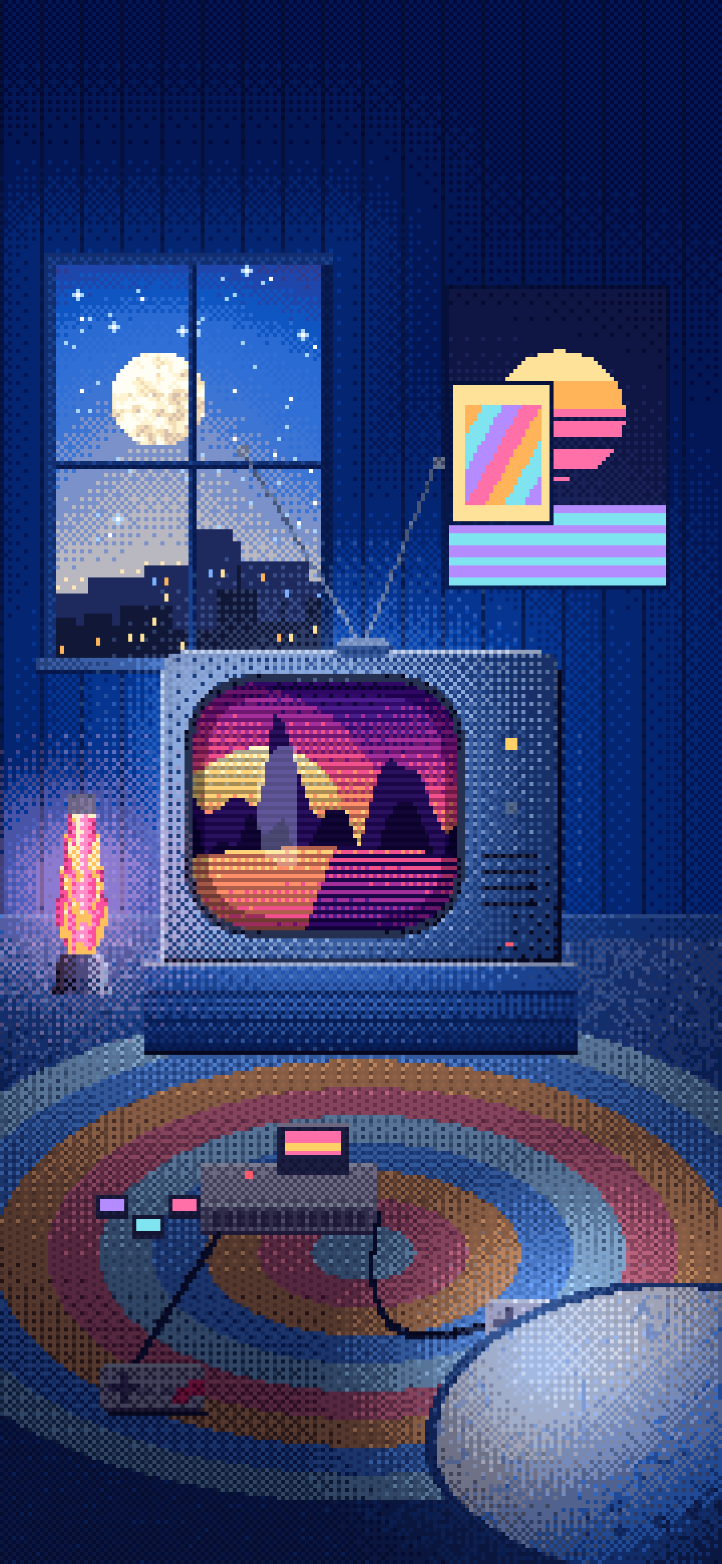 Blue Retro Pixel Art Gaming Room wallpaper for iPhone and Android