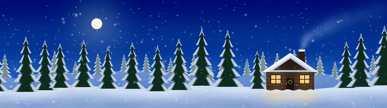 Blue Snowy Christmas Cabin dual monitor wallpaper, 7680 × 2160
