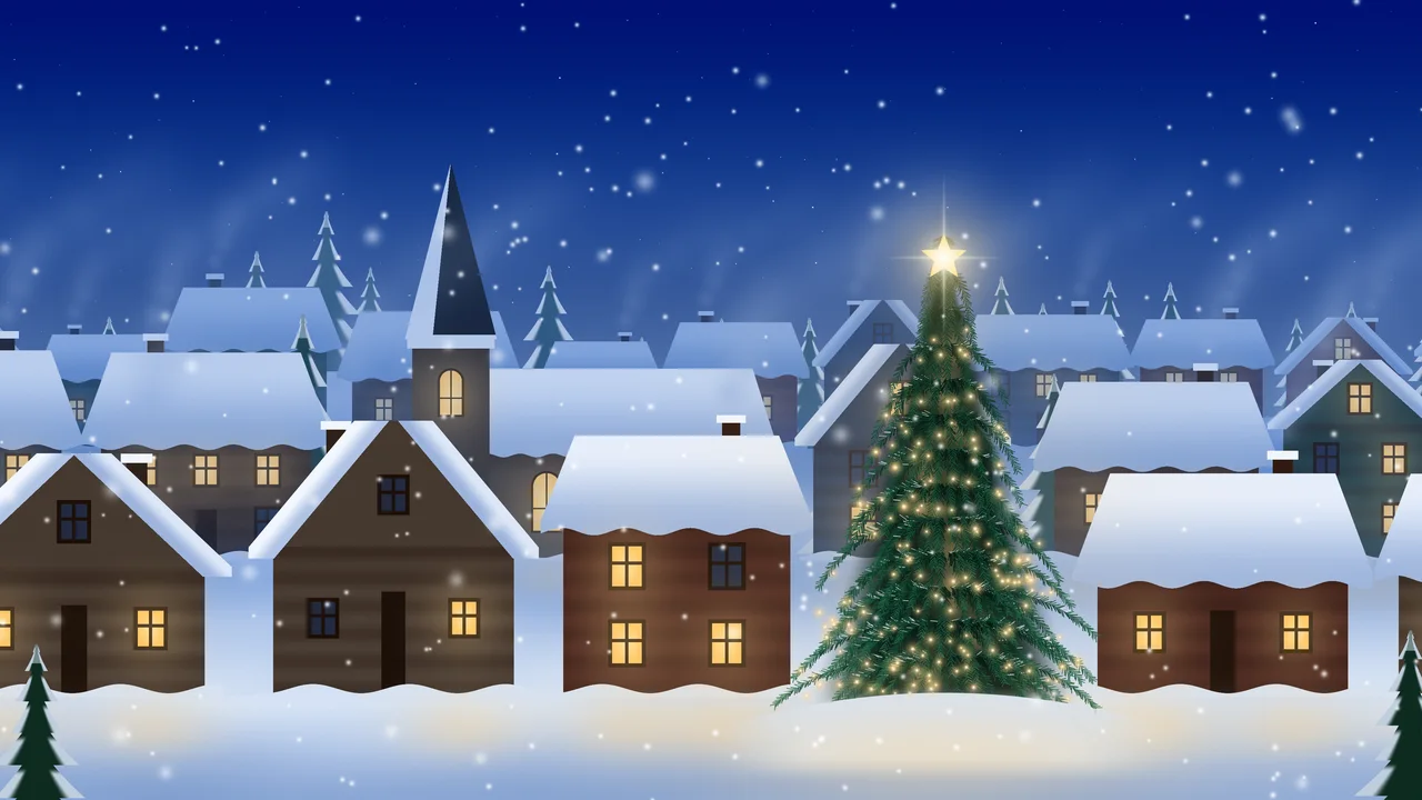 Blue Snowy Christmas Village desktop wallpaper in 4K