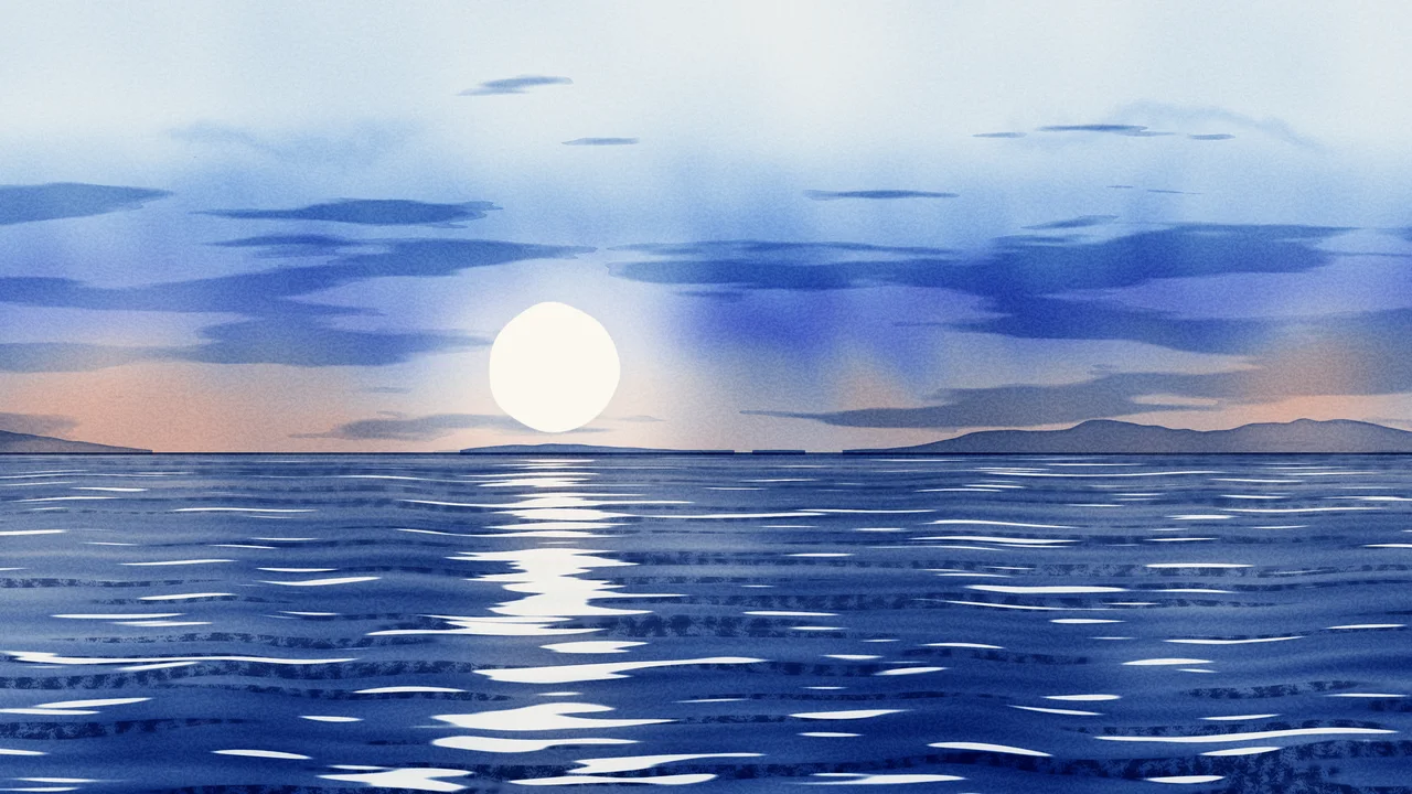 Blue Watercolor Ocean Sunset desktop wallpaper in 4K