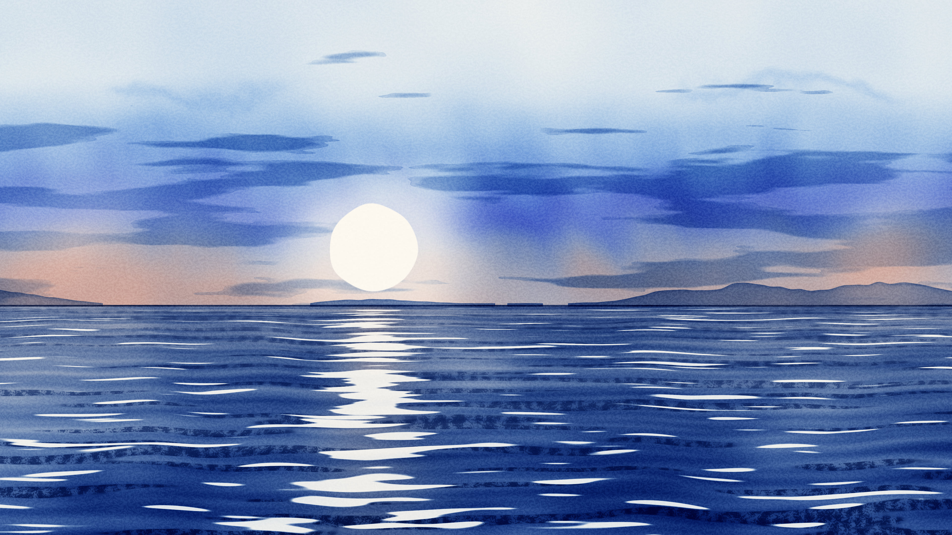 Blue Watercolor Ocean Sunset desktop wallpaper in 4K
