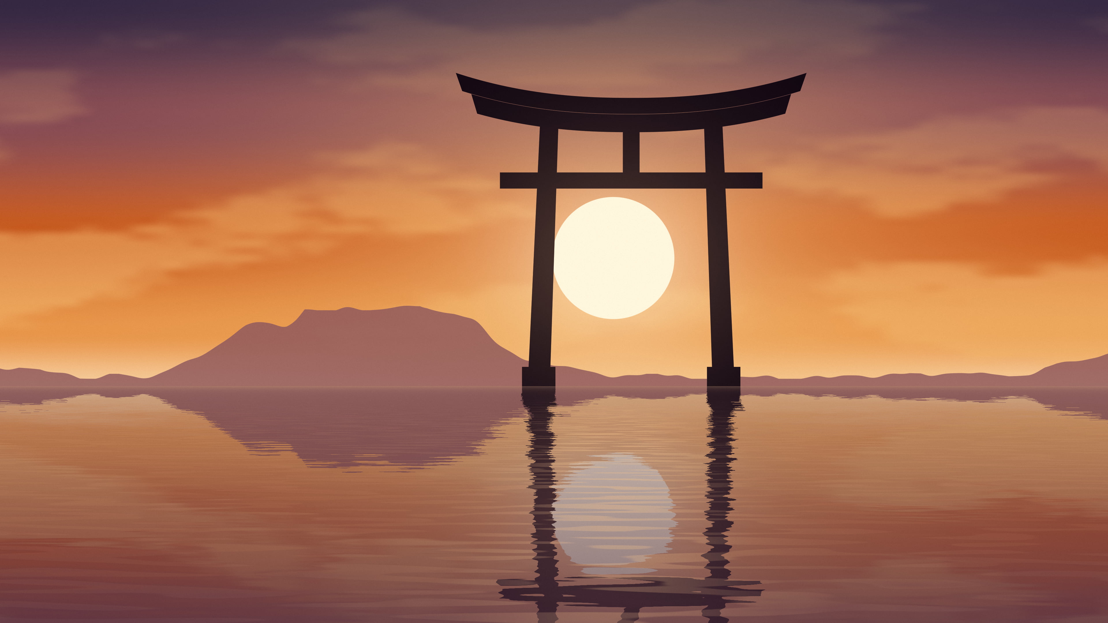 Burnt Orange Japanese Torii Gate Sunset desktop wallpaper in 4K