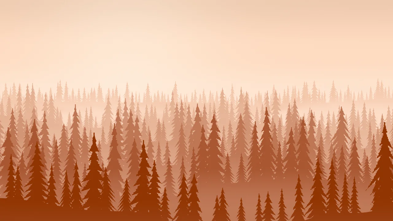 Burnt Orange Misty Pine Forest desktop wallpaper in 4K