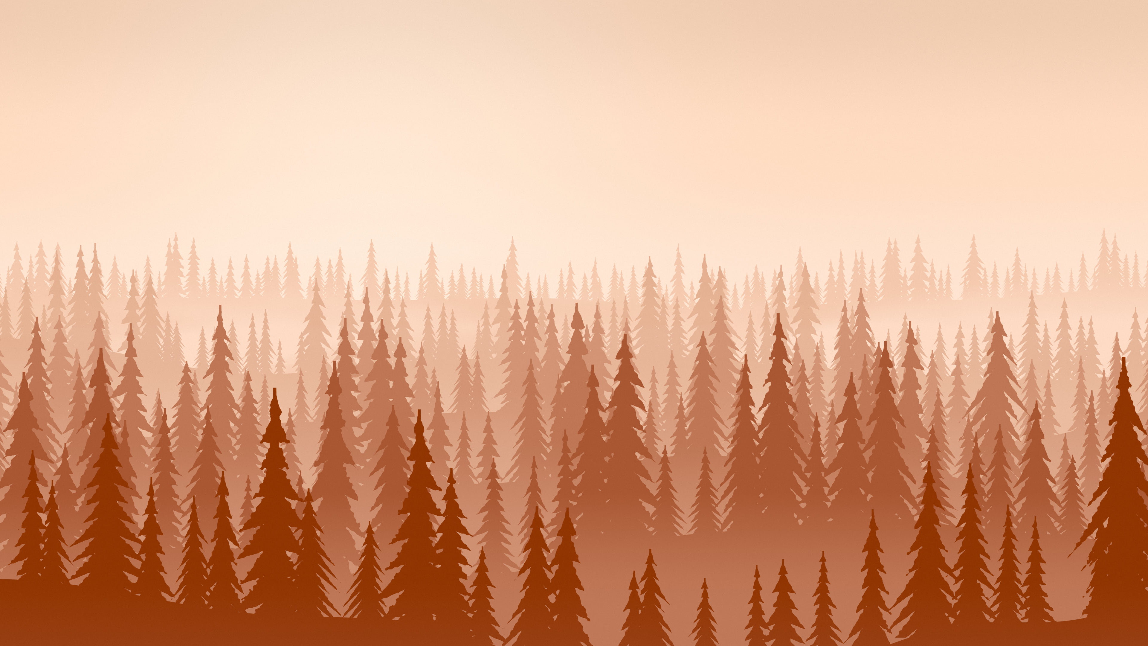 Burnt Orange Misty Pine Forest desktop wallpaper in 4K