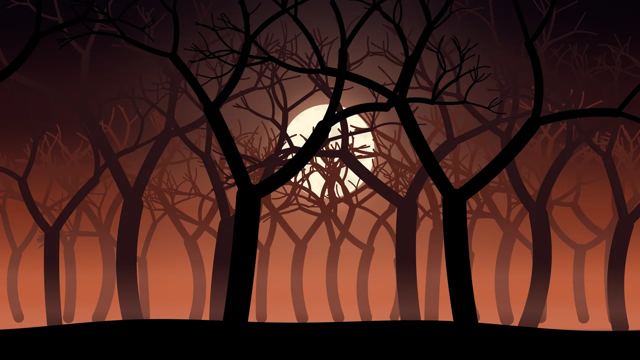 Burnt Orange Spooky Forest desktop wallpaper in 4K