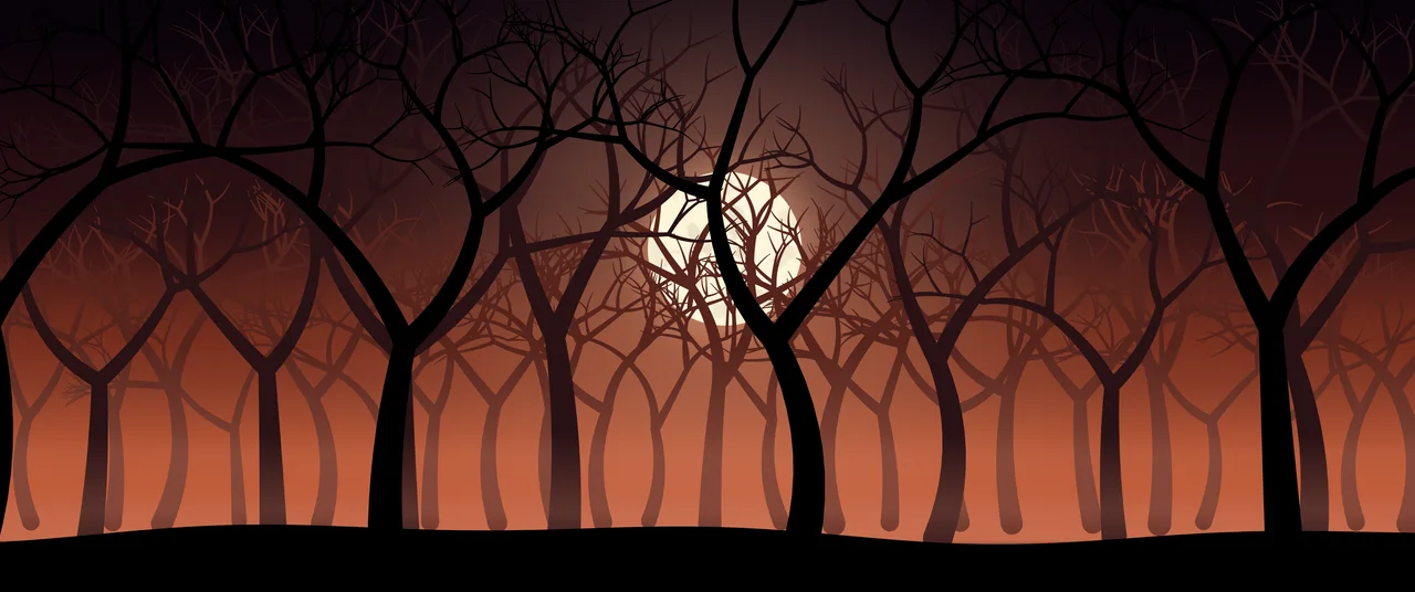 Burnt Orange Spooky Forest ultrawide wallpaper, 3440 × 1440