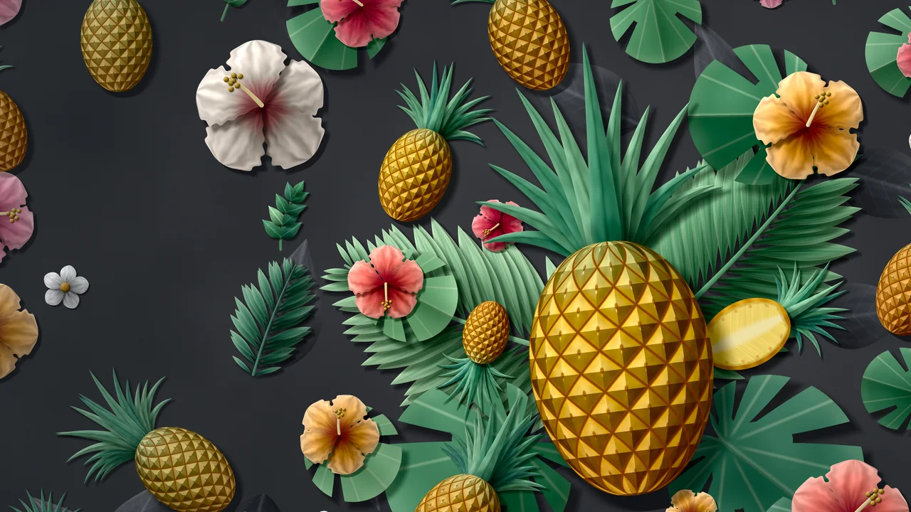 Charcoal Paper Pineapples and Hibiscus desktop wallpaper in 4K