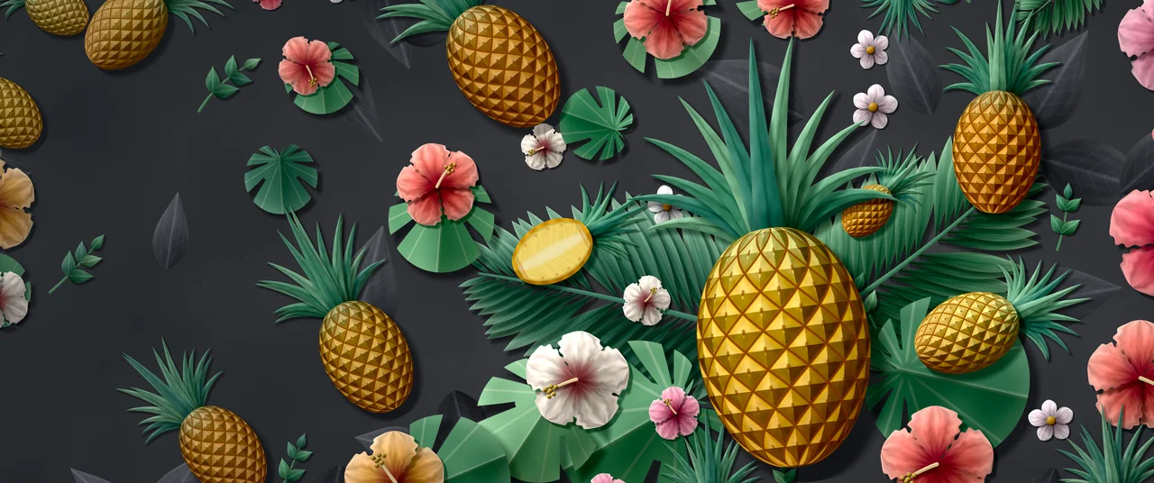 Charcoal Paper Pineapples and Hibiscus ultrawide wallpaper, 3440 × 1440