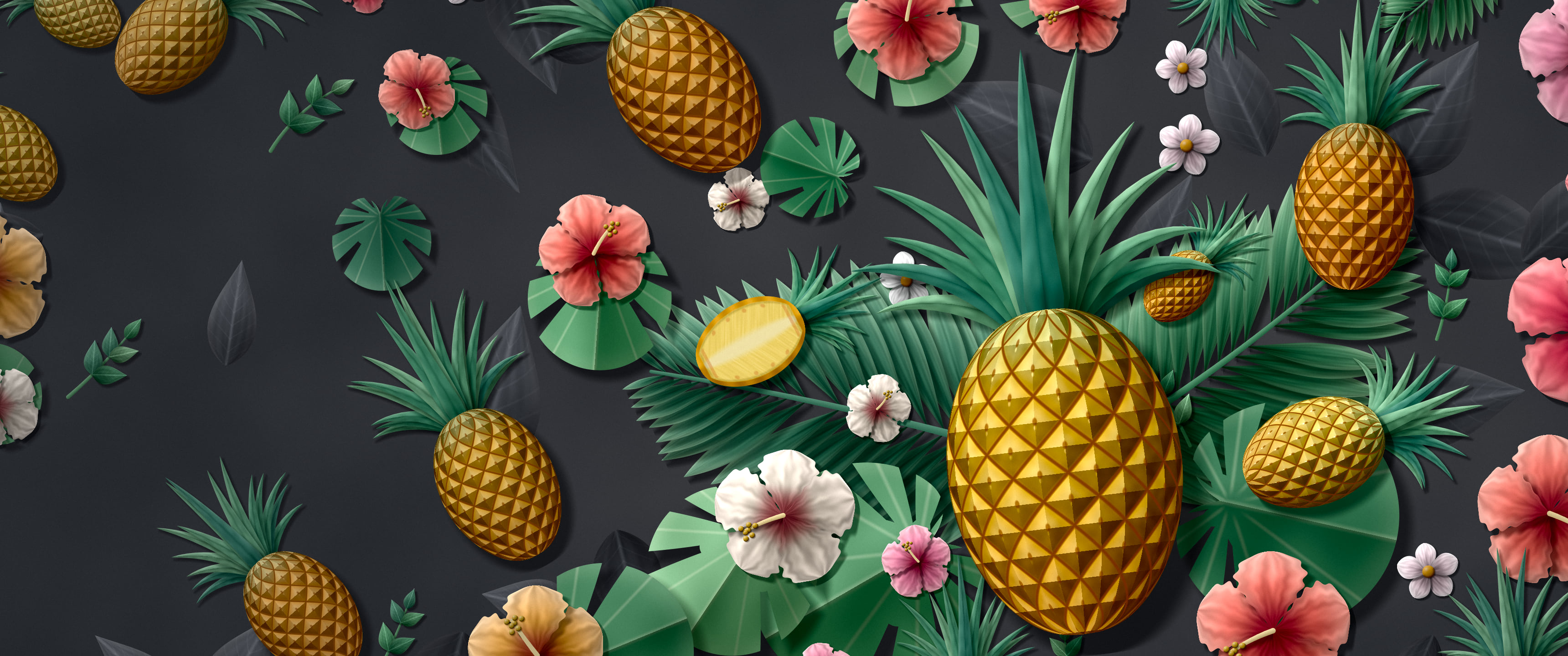 Charcoal Paper Pineapples and Hibiscus ultrawide wallpaper, 3440 × 1440