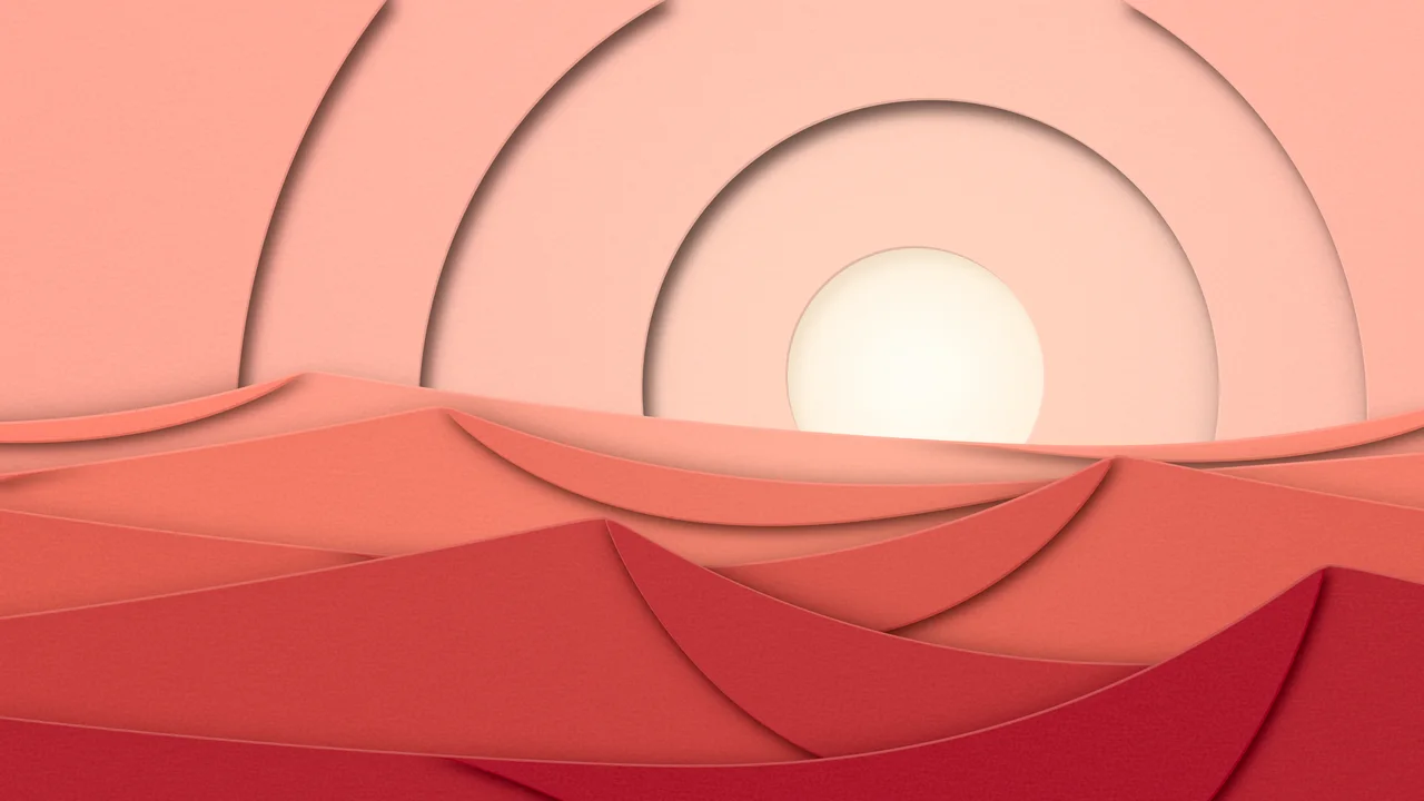 Coral 3D Paper Cut Desert Dunes at Sunset desktop wallpaper in 4K