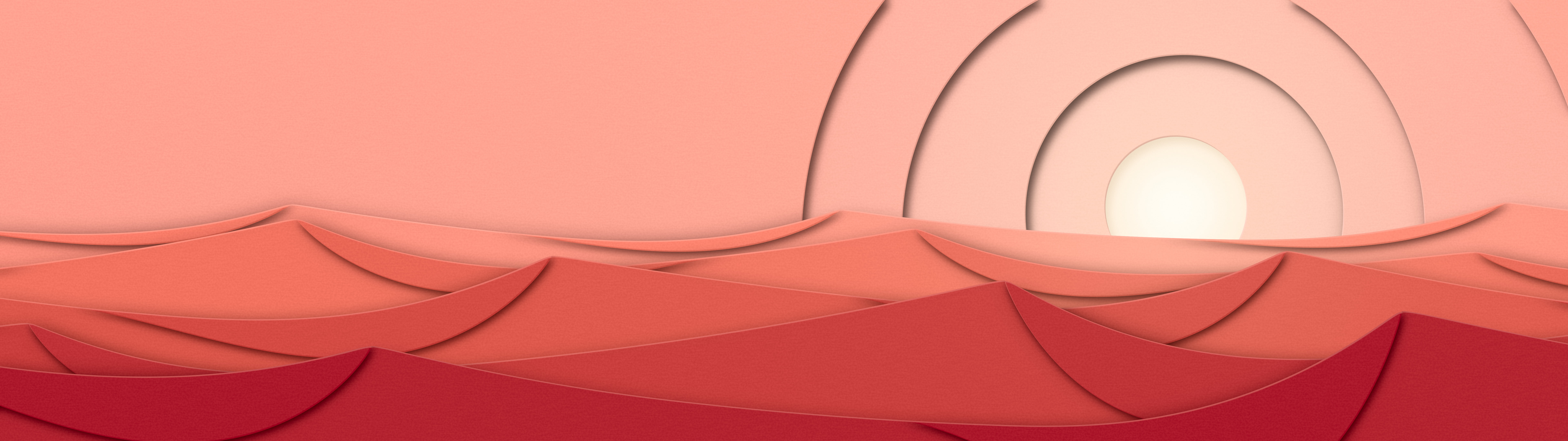 Coral 3D Paper Cut Desert Dunes at Sunset dual monitor wallpaper, 7680 × 2160