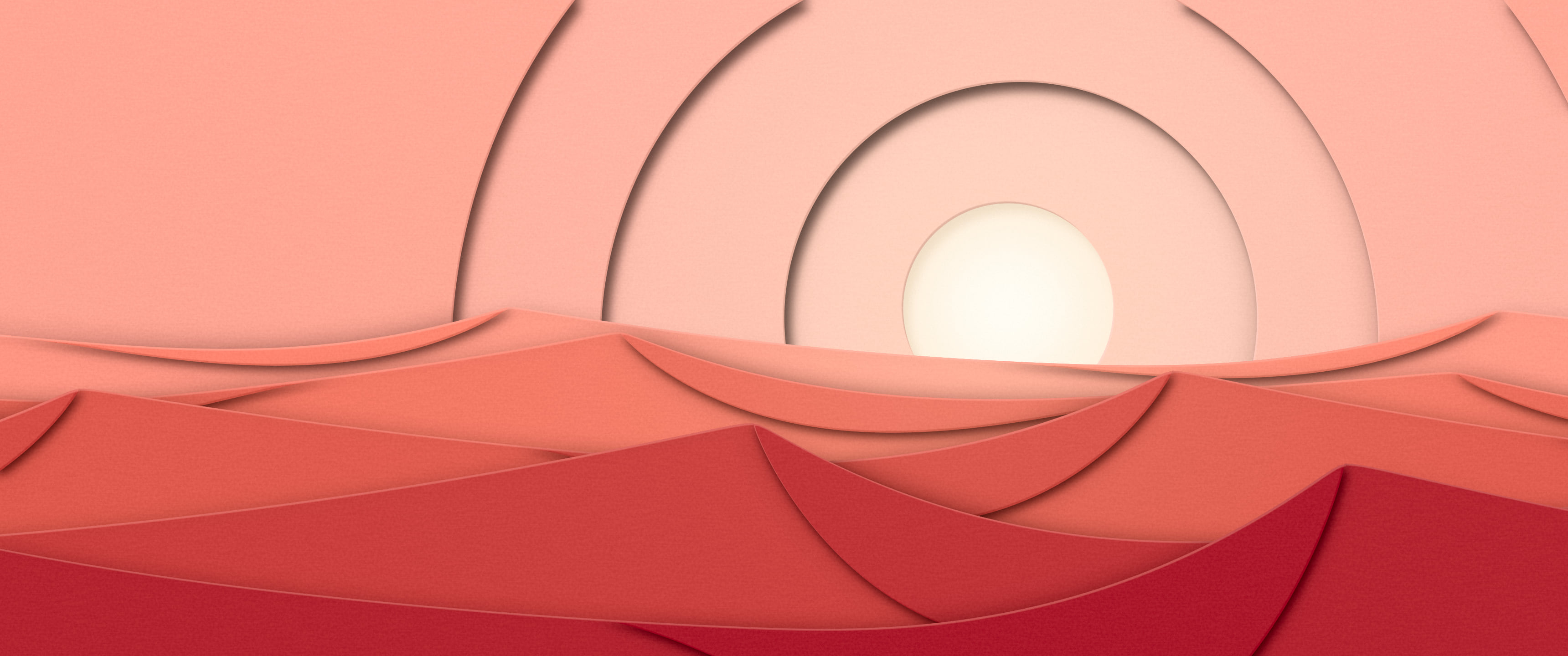 Coral 3D Paper Cut Desert Dunes at Sunset ultrawide wallpaper, 3440 × 1440