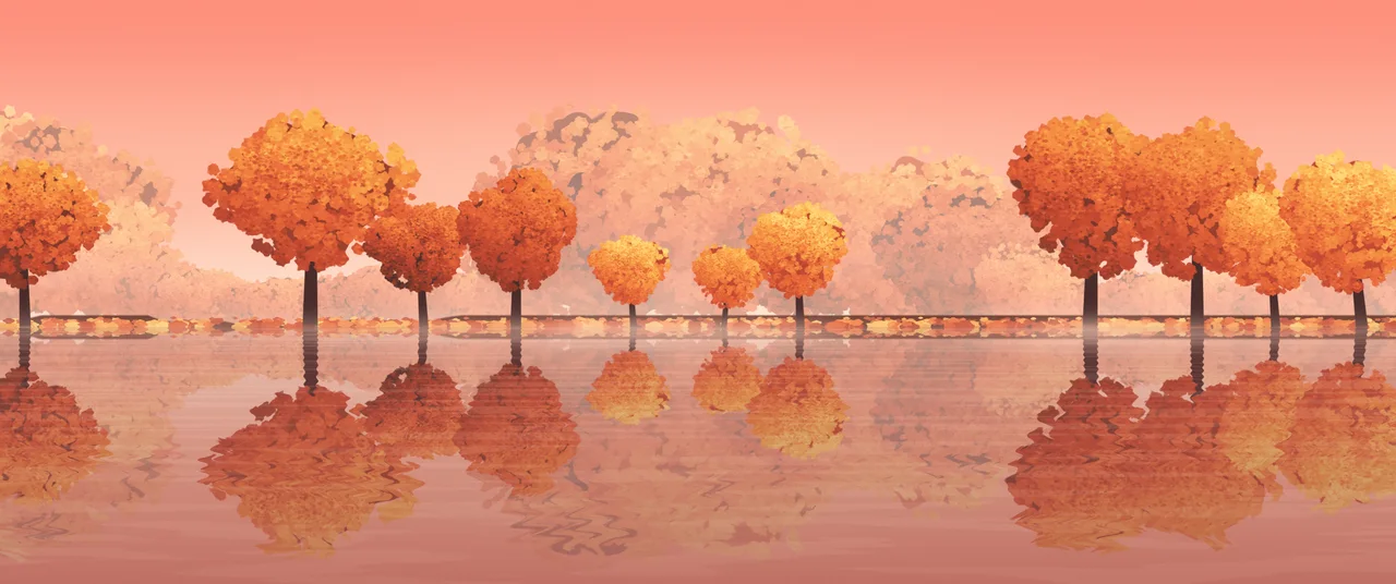 Coral Autumn Lake ultrawide wallpaper, 3440 × 1440