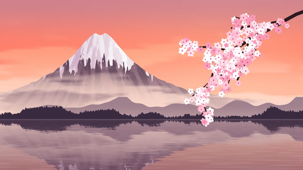 Coral Japanese Mountain and Cherry Blossom desktop wallpaper in 4K