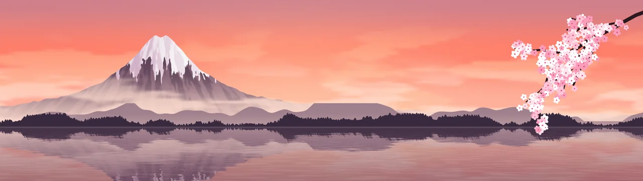 Coral Japanese Mountain and Cherry Blossom dual monitor wallpaper, 7680 × 2160